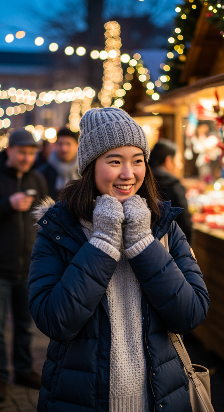 Woman in grey knit beanie and puffer jacket at a Christmas market.