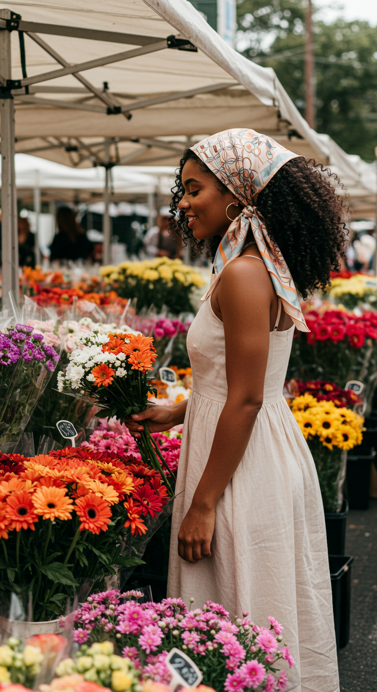 Woman with curly hair wearing a headscarf and linen dress, holding flowers at a market.