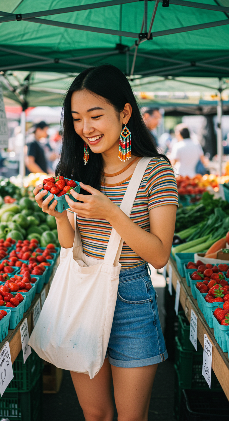 Woman with colorful beaded earrings holding strawberries at a farmer's market.