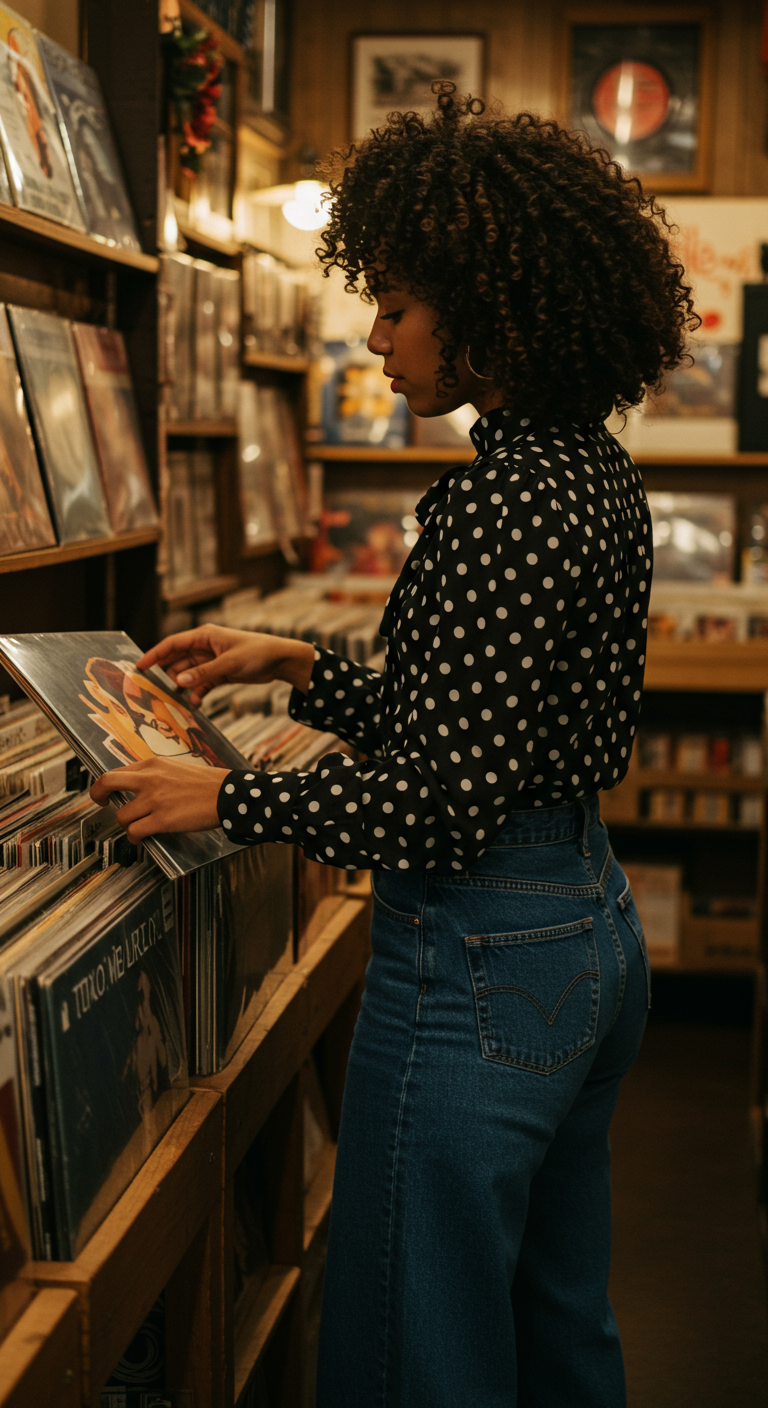 Woman in polka dot blouse and jeans browsing records.