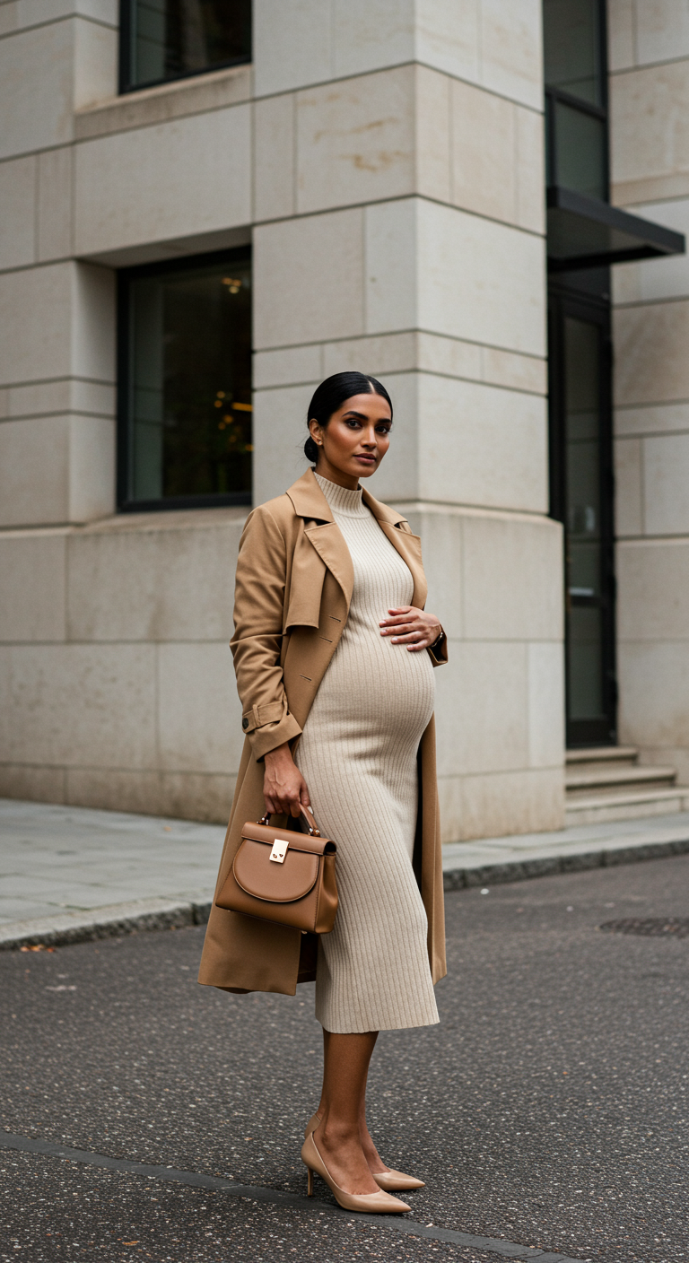 Pregnant woman in cream knit dress and camel trench coat on a city street.