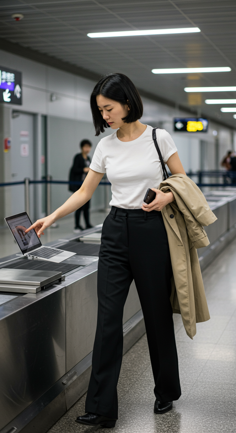 Woman in white tee, black trousers, and trench coat using a laptop at an airport.