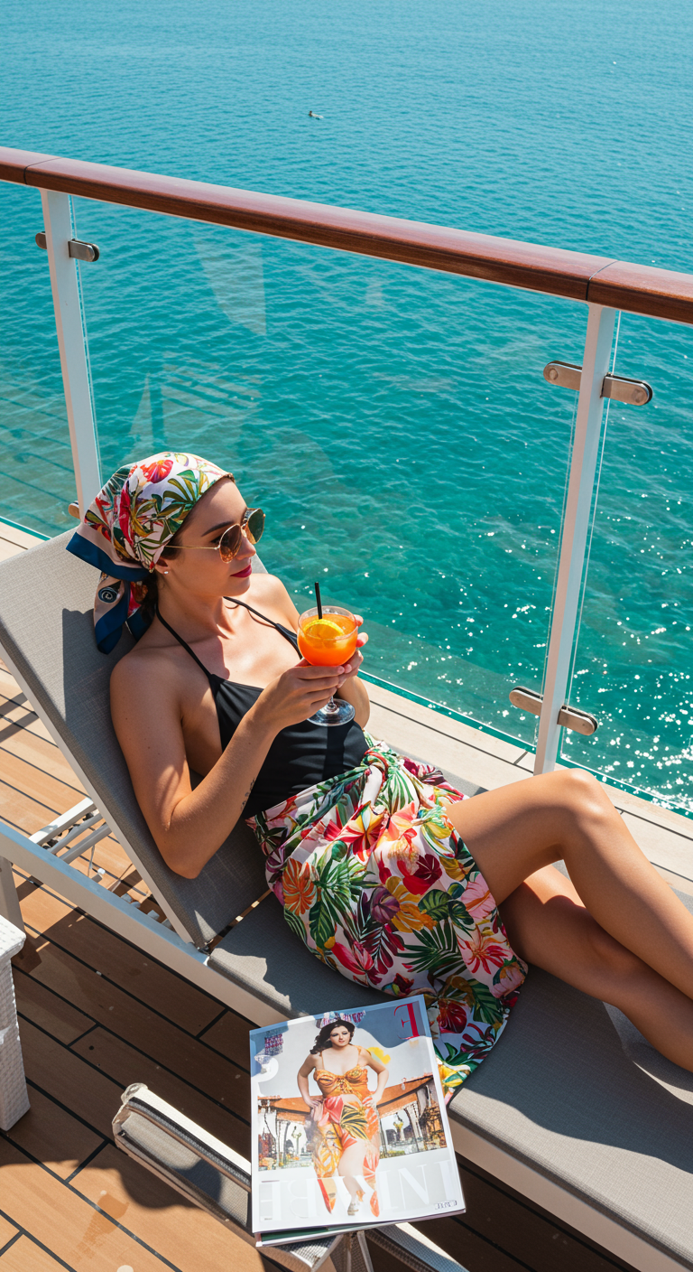 Woman in tropical print sarong and headscarf on a cruise.