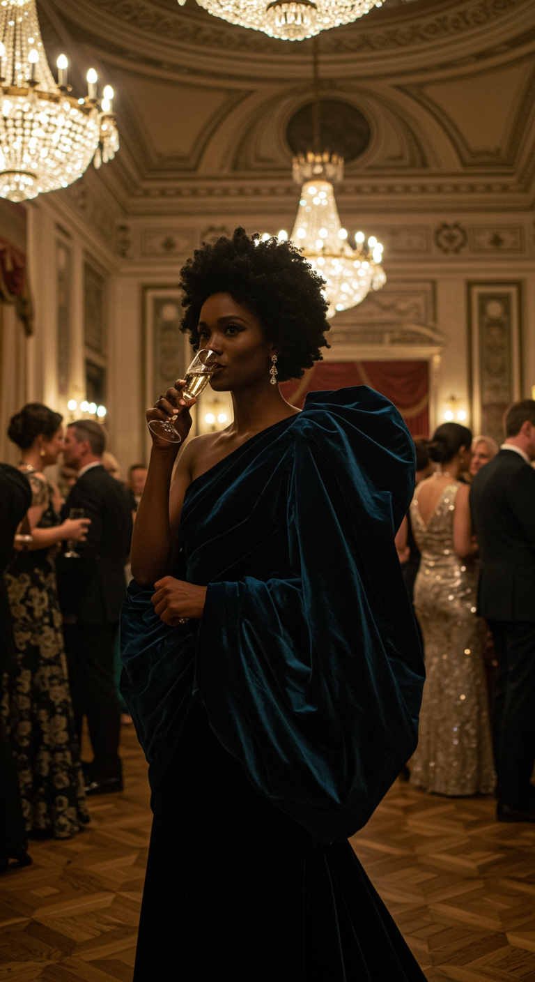 Woman in striking teal velvet one-shoulder gown sipping champagne.