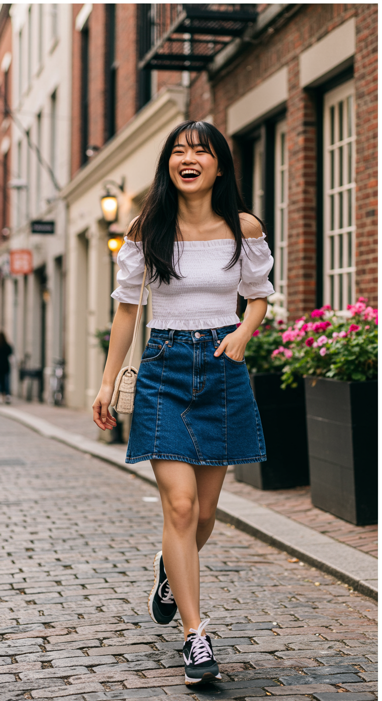 Woman laughing in an off-shoulder top and denim skirt on a cobblestone street.