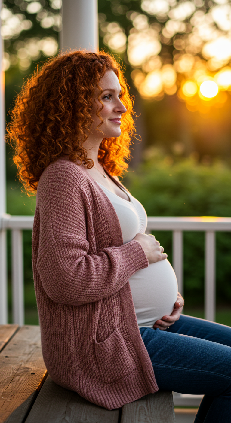 Pregnant woman with red hair in a pink cardigan and jeans on a porch at sunset.