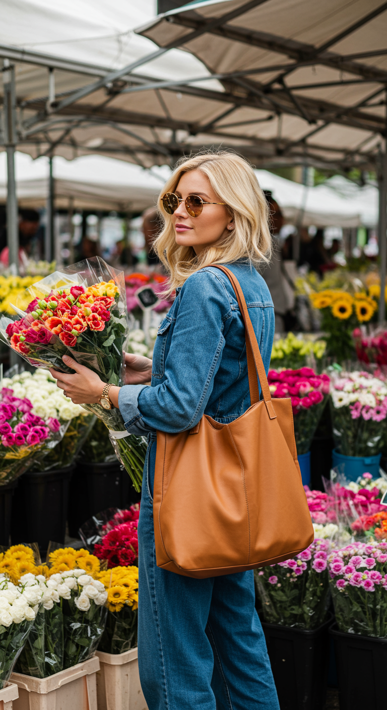 Woman in denim jumpsuit with tan leather tote at a flower market.