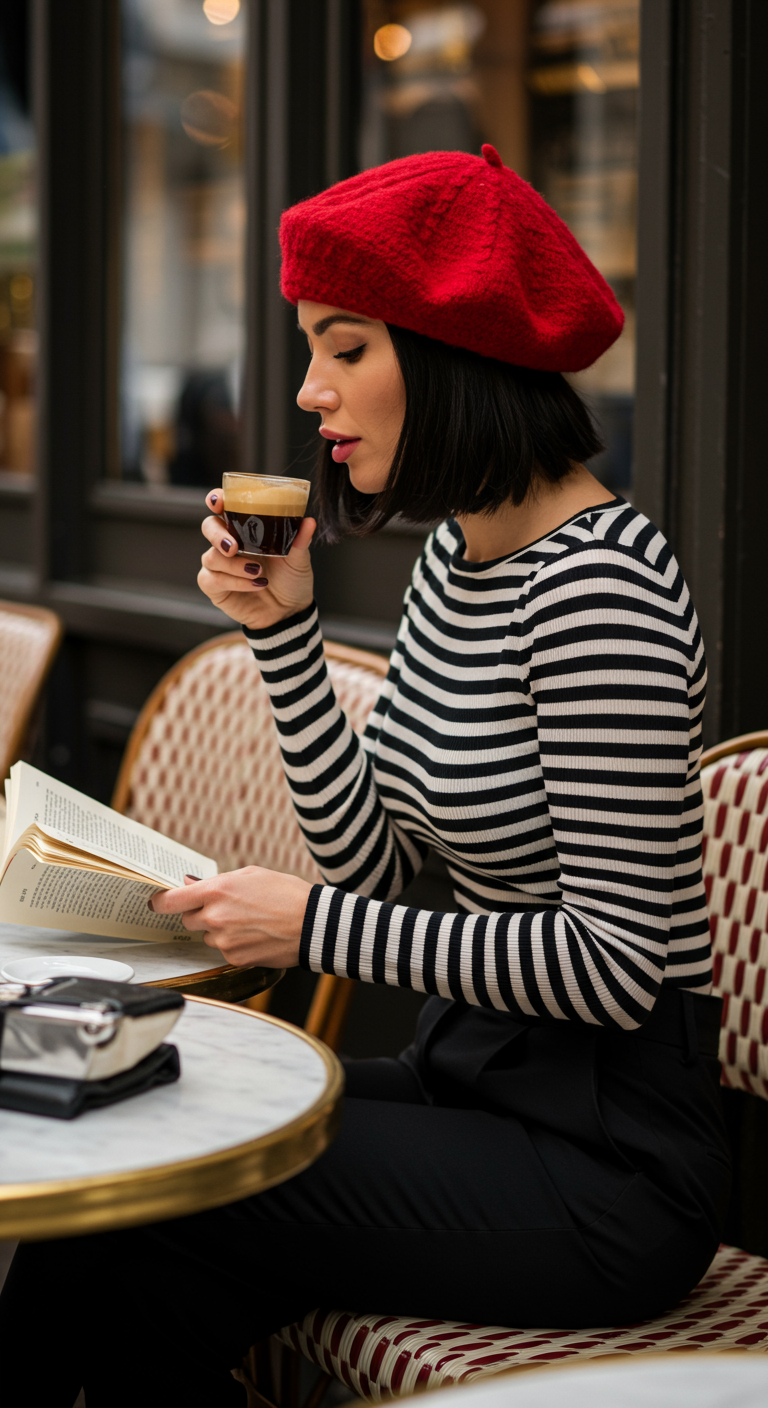 Woman in red beret and striped top at a Parisian cafe.