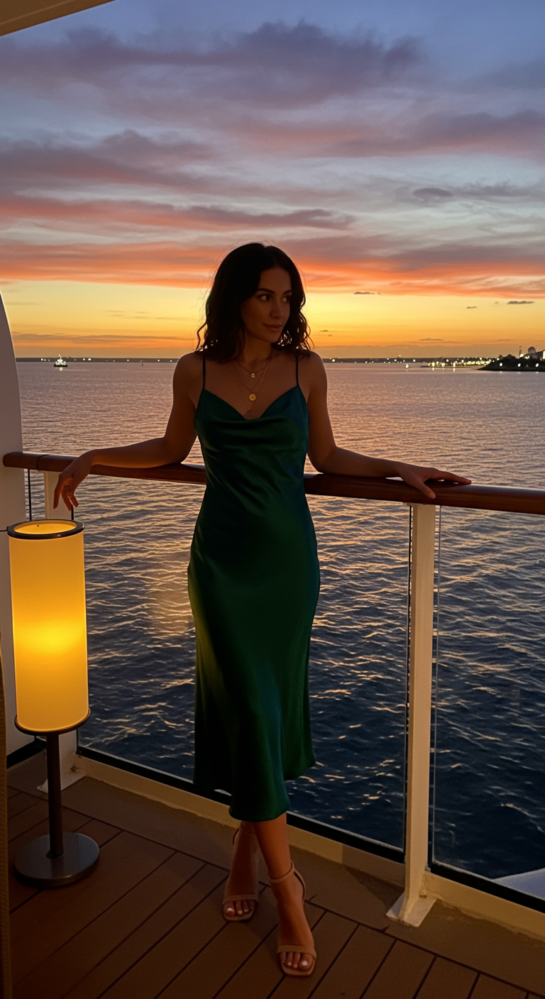 Woman in emerald green slip dress on a balcony at sunset.
