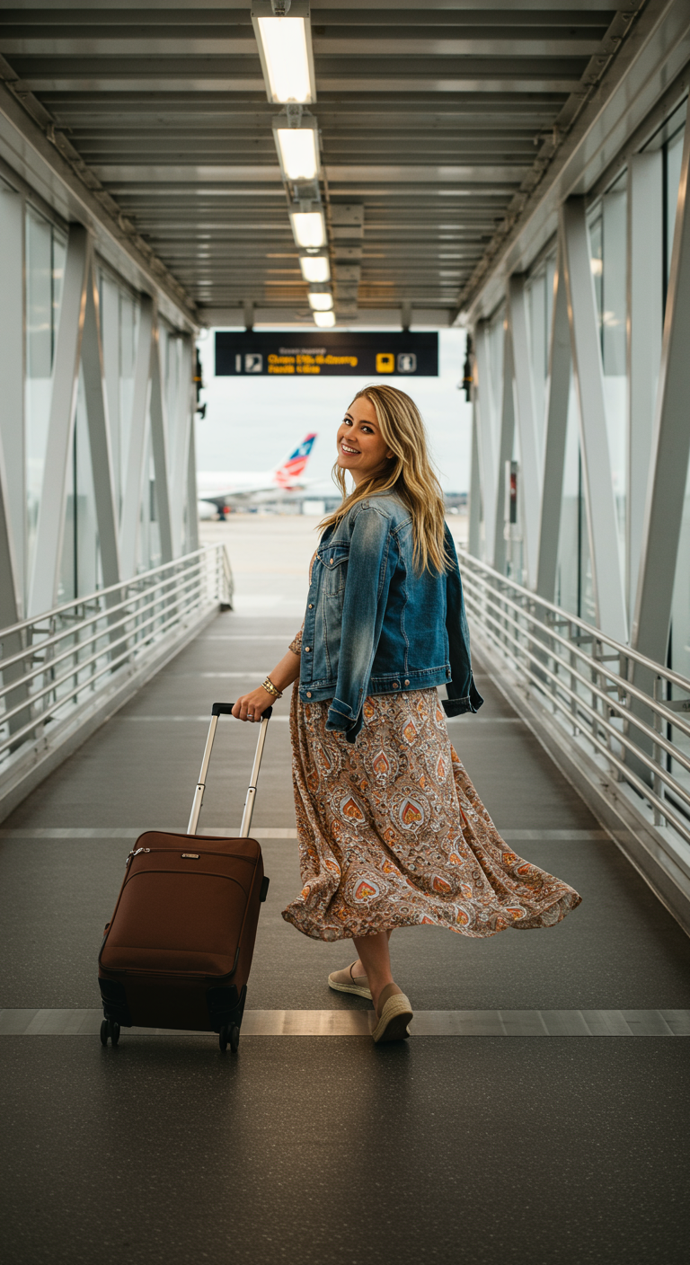 Woman in a paisley maxi dress and denim jacket walking down a jet bridge with luggage.