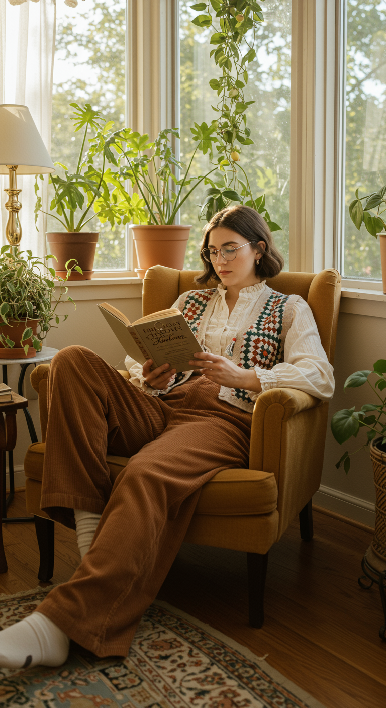 Woman reading in a chair, wearing a crochet vest, ruffled blouse, and corduroy pants.