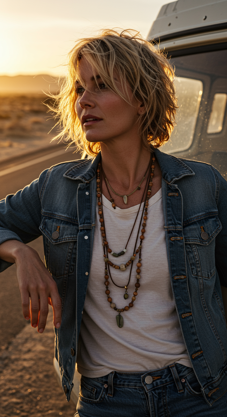 Woman in denim jacket at sunset with layered wooden necklaces.