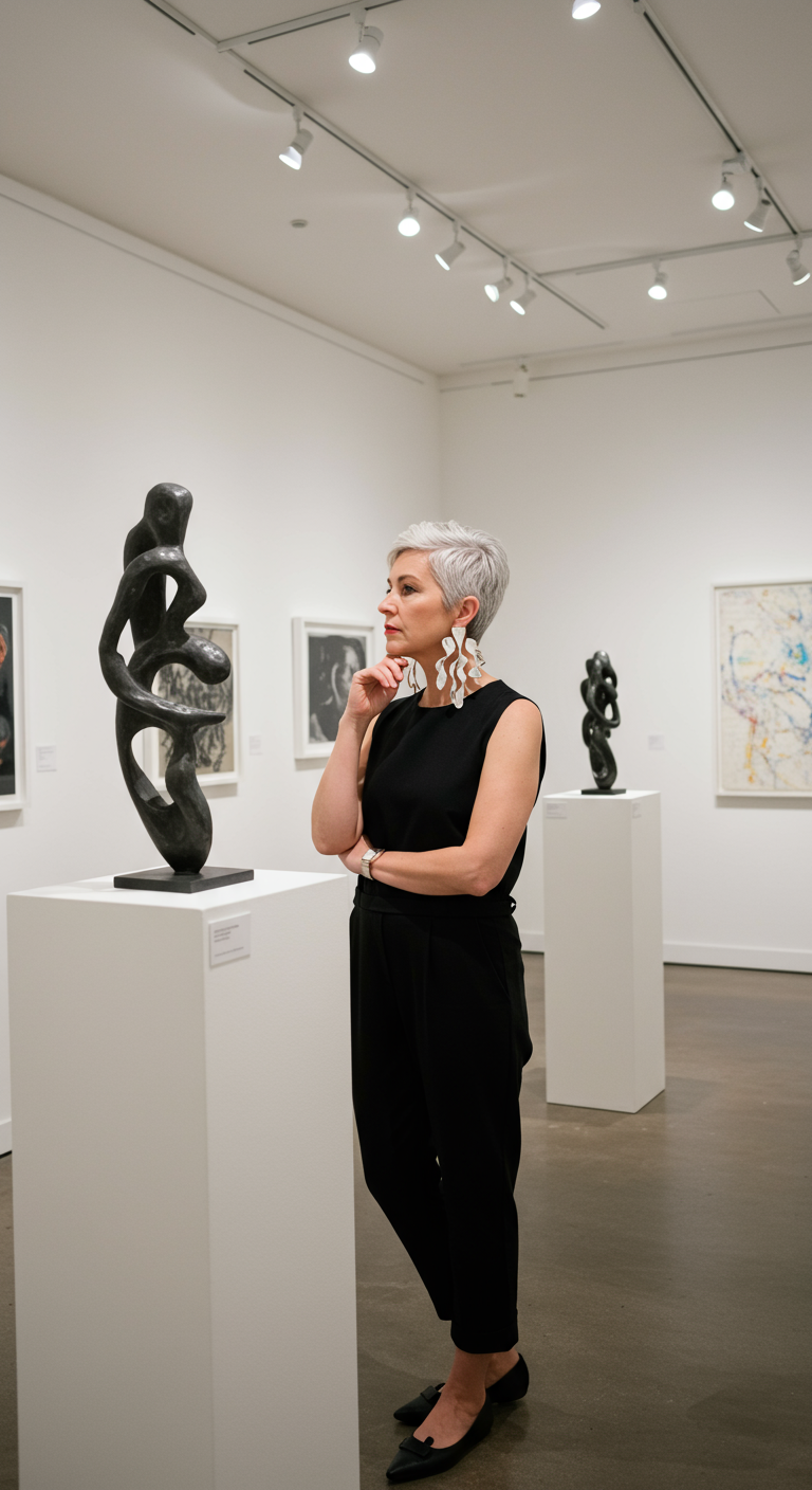Woman in black outfit with large white sculptural earrings in an art gallery.