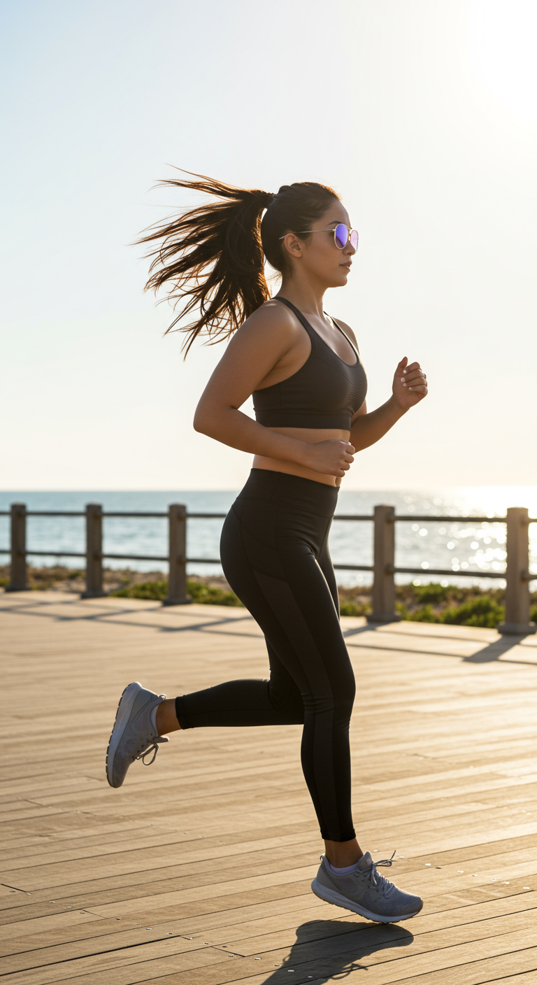 Woman in athletic wear and sporty sunglasses running by the sea.
