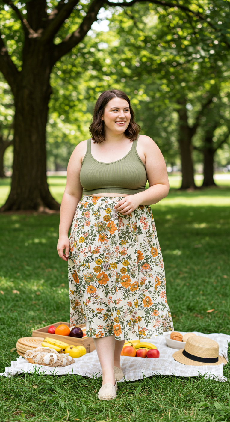 Woman at a picnic wearing an olive bralette and floral midi skirt.