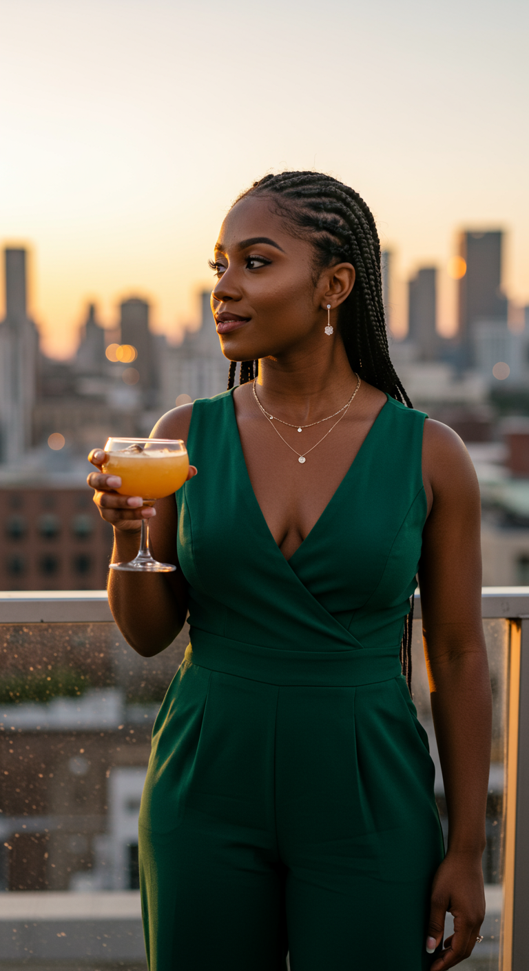 Woman in a green jumpsuit holding a cocktail on a rooftop at sunset.