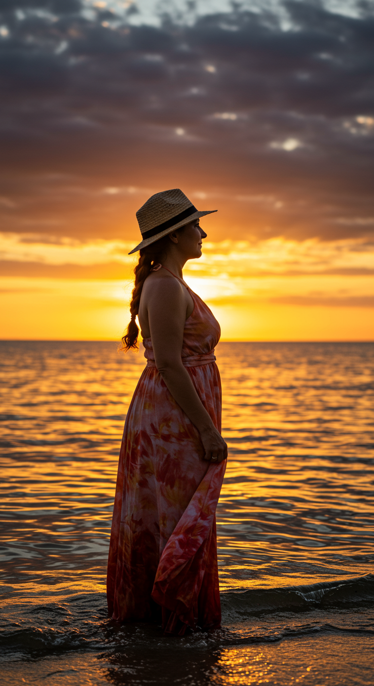 Woman in a tie-dye maxi dress and straw hat watching the sunset over water.