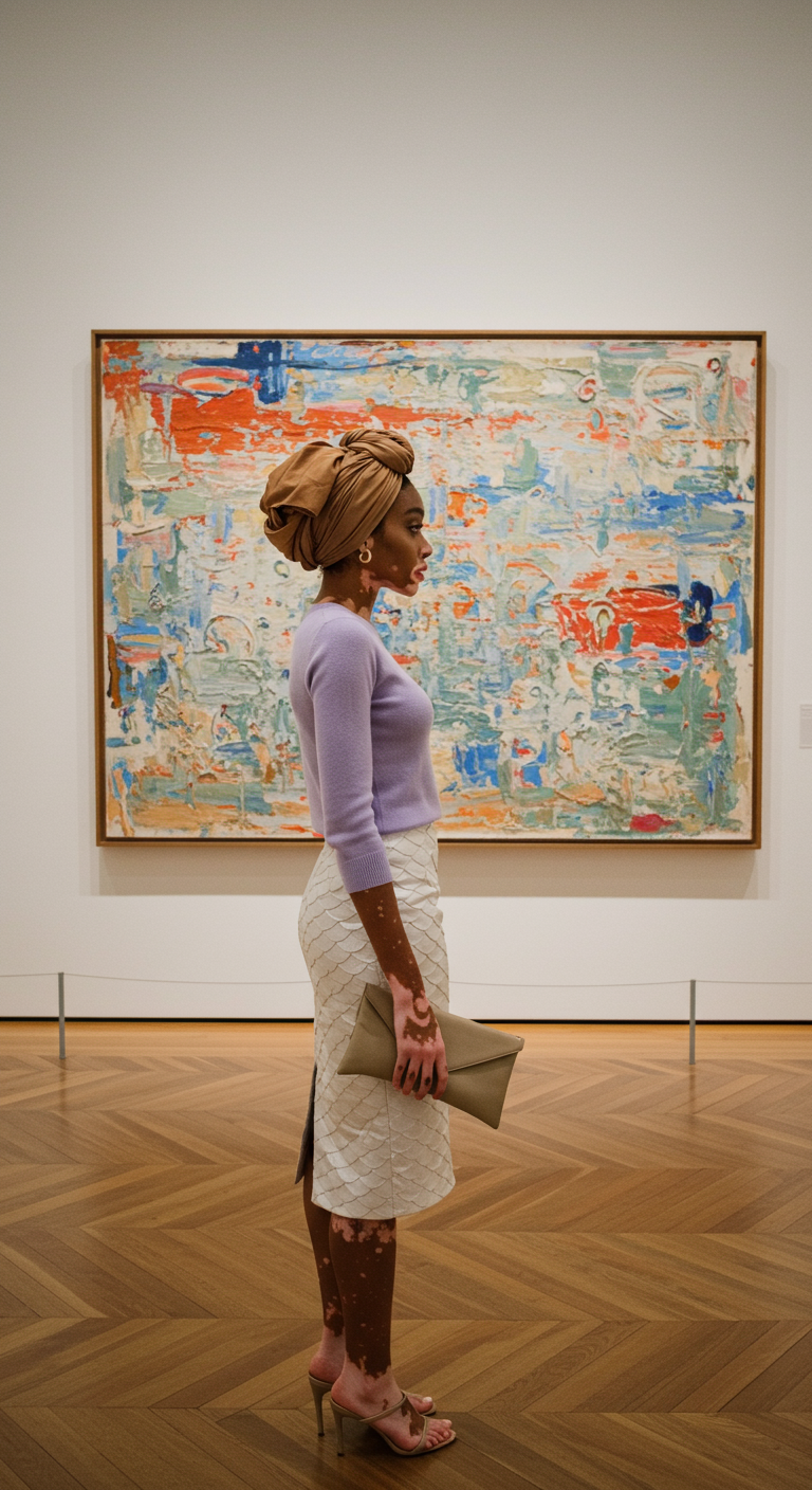 Woman in lavender sweater and white textured skirt in an art gallery.