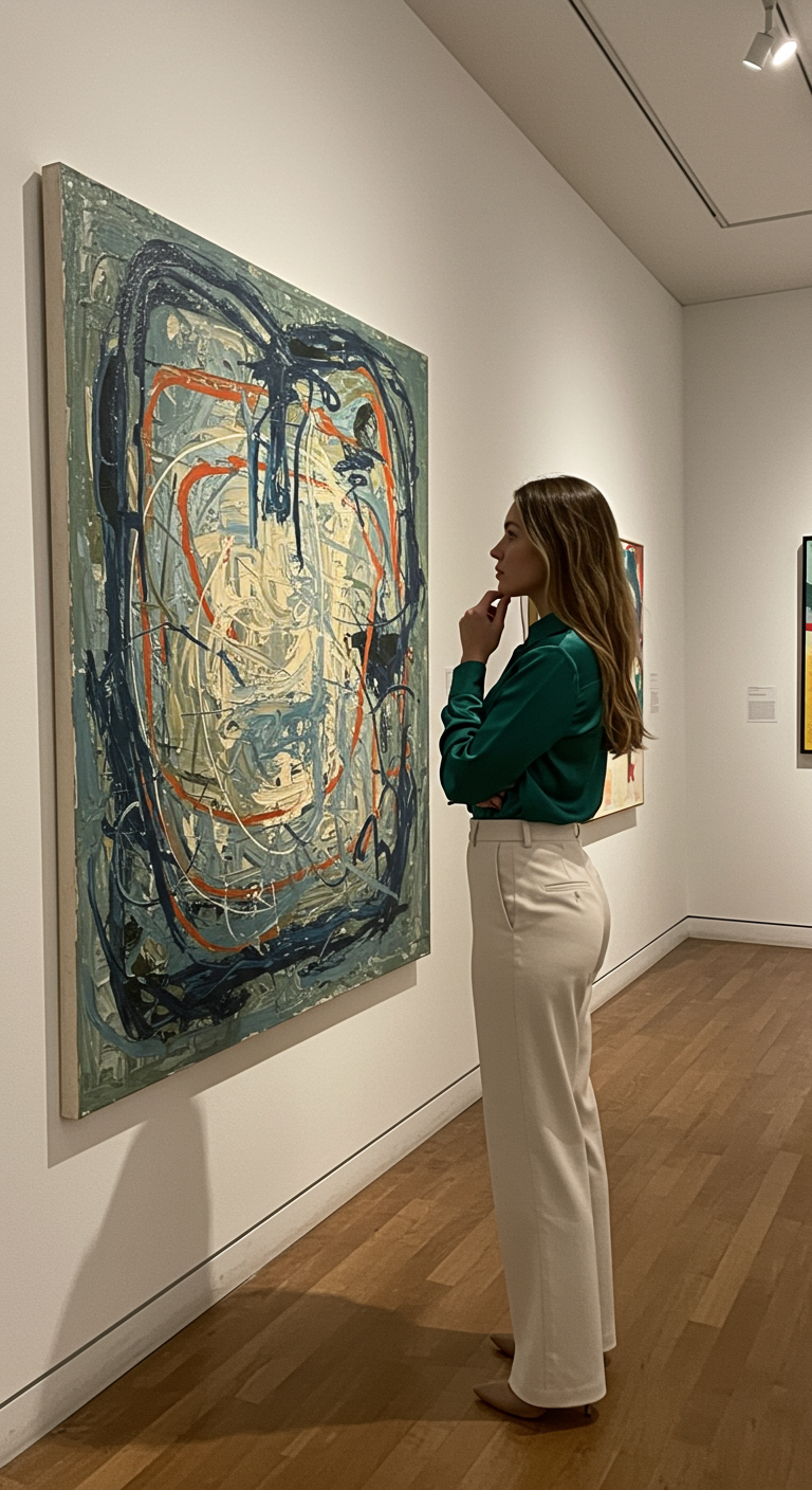 Woman in a green satin blouse and cream wide-leg trousers in an art gallery.