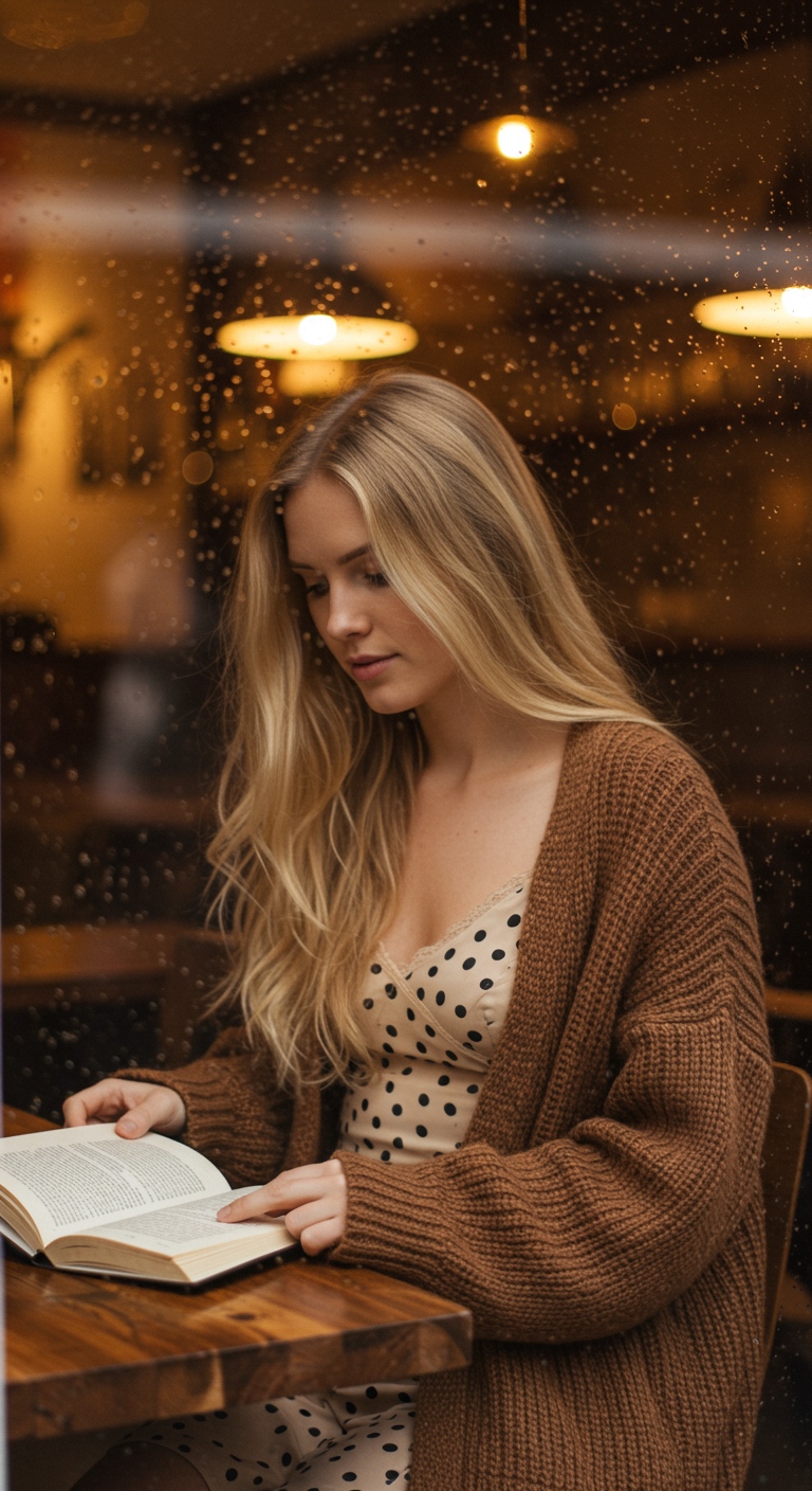 Woman reading in a cafe wearing a polka dot cami and cardigan.