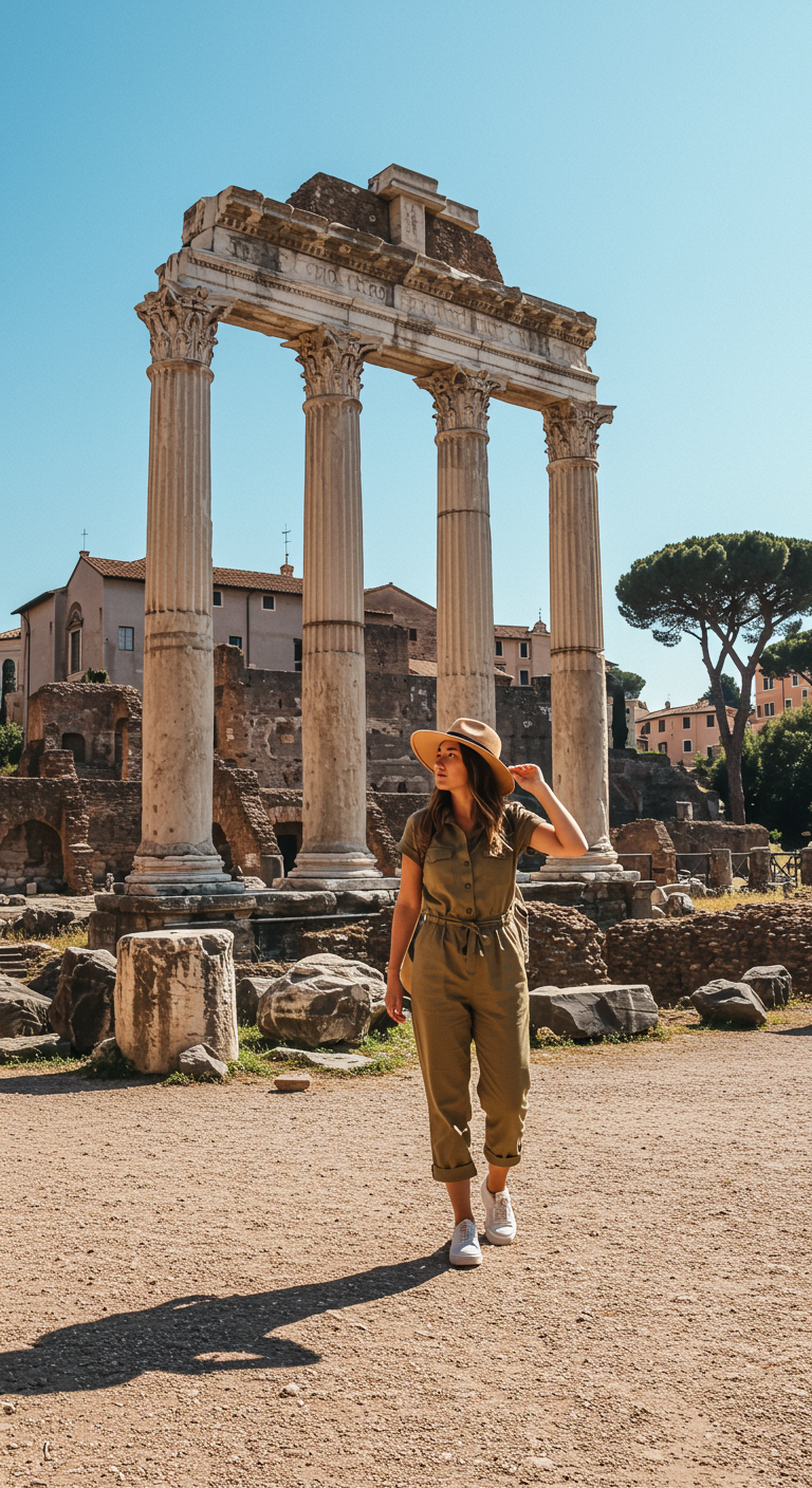 Woman in olive jumpsuit and hat at Roman ruins.