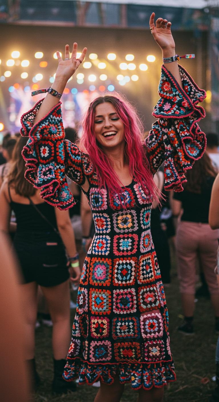 Woman with pink hair dancing in a colorful granny square crochet dress at a festival.
