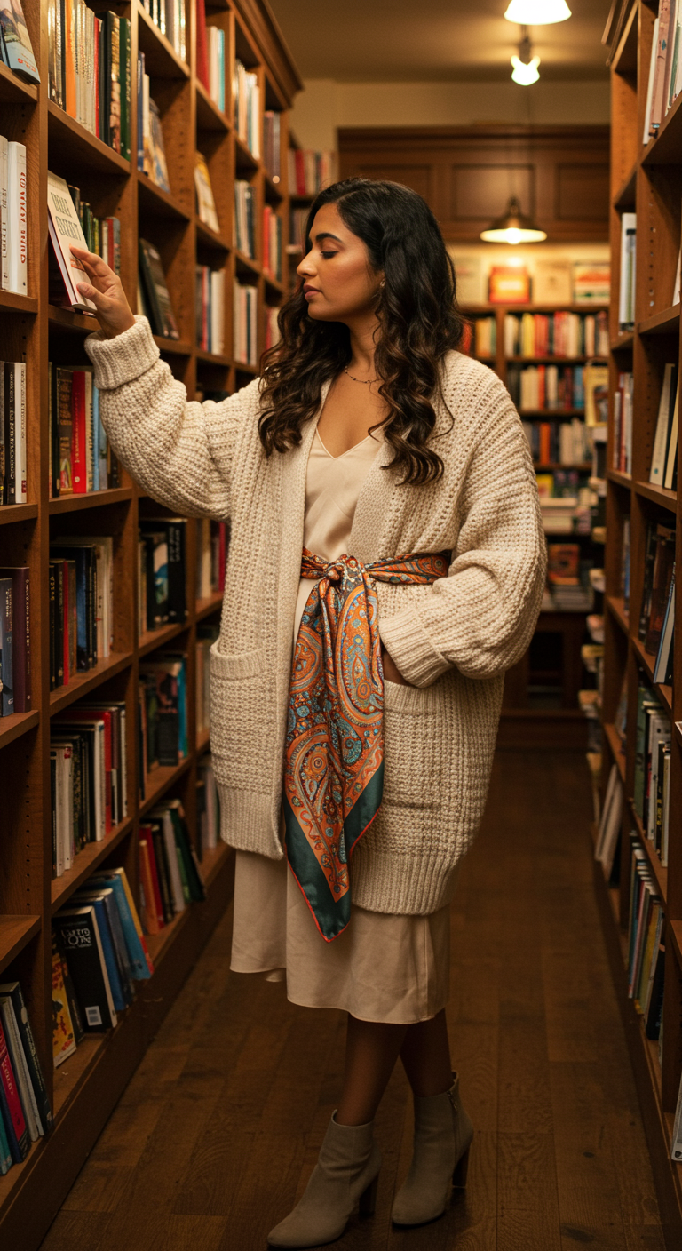 Woman in a bookstore wearing a slip dress, cardigan, and a scarf as a belt.