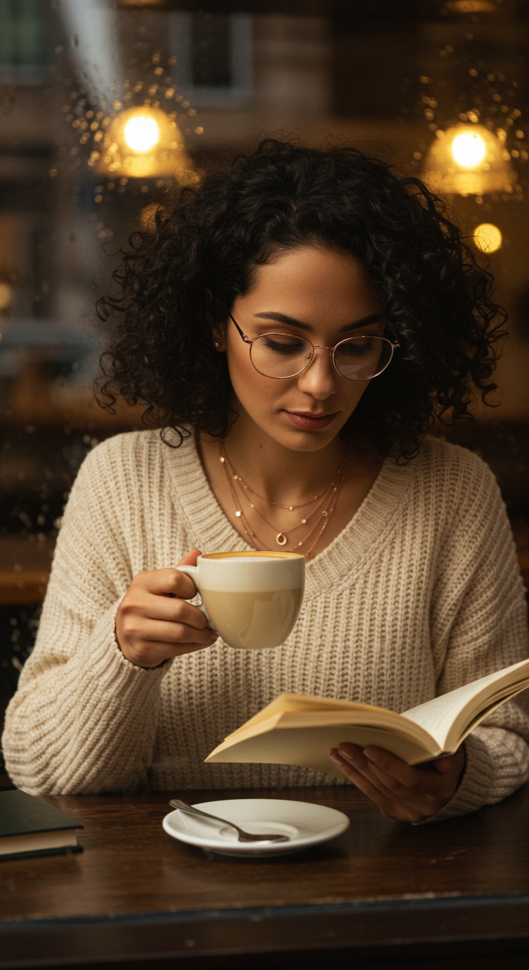 Woman reading in a cafe wearing a cream sweater and layered gold necklaces.