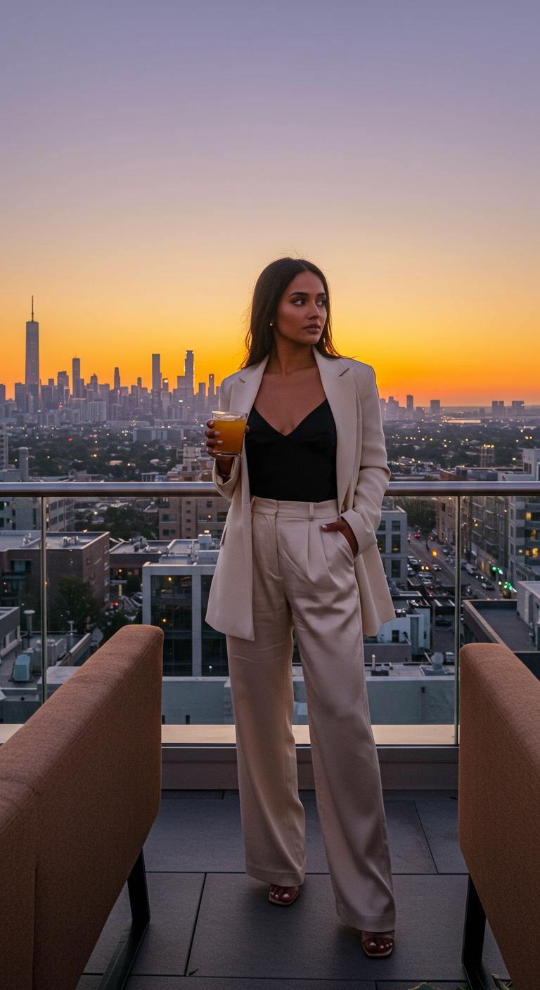 Woman in a black bralette and cream pantsuit on a rooftop at sunset.