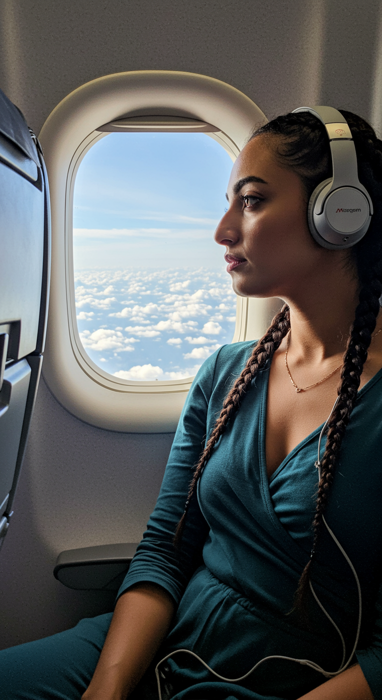 Woman in a teal wrap jumpsuit looking out an airplane window with headphones on.