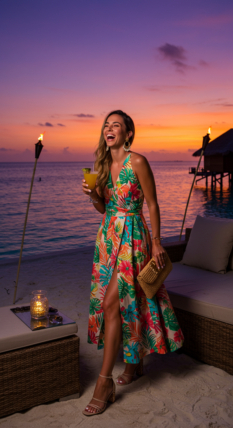 Woman in colorful tropical print dress laughing at sunset.