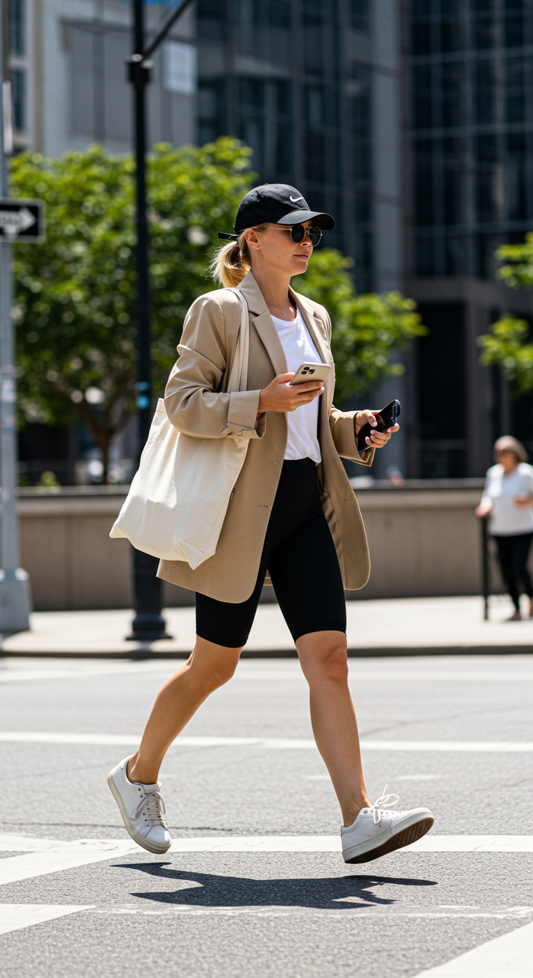 Woman in baseball cap, blazer, and bike shorts crossing a city street.