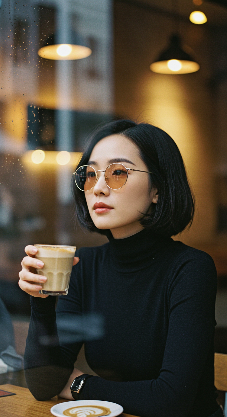 Woman in a black turtleneck and round tinted sunglasses holding coffee.