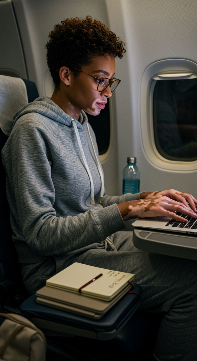 Woman in a grey hoodie and sweatpants working on a laptop on an airplane.
