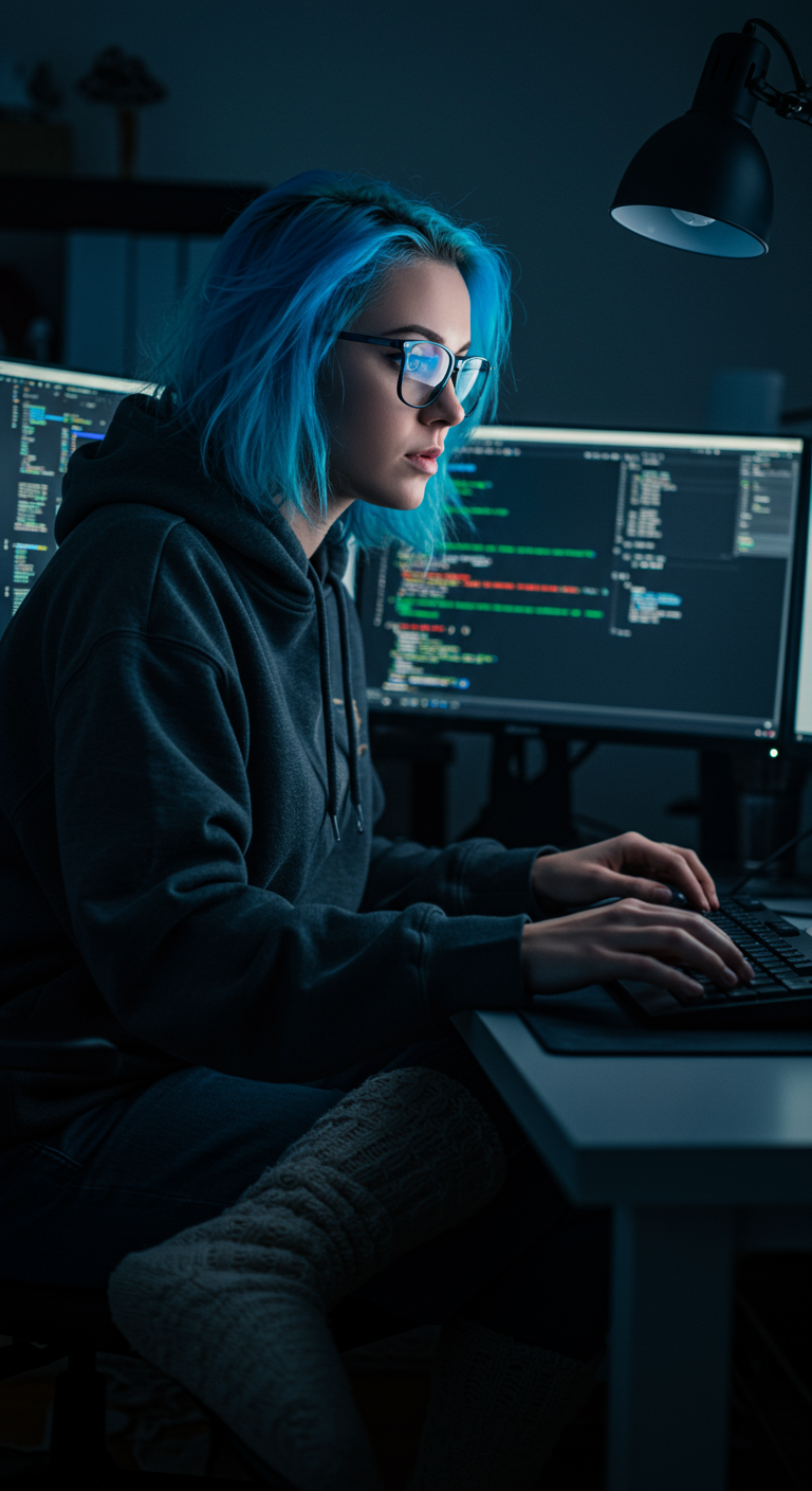 Woman with blue hair in a grey hoodie and thick socks coding at a computer setup.
