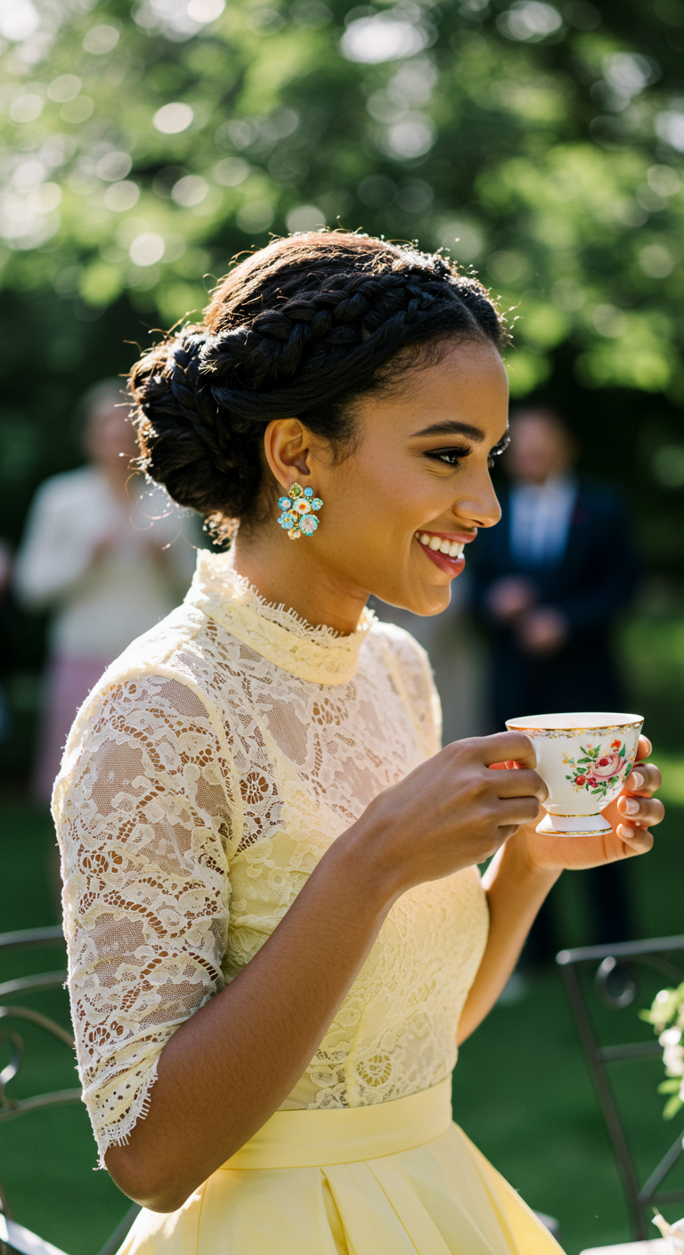 Woman in yellow lace dress with floral cluster earrings at a garden party.