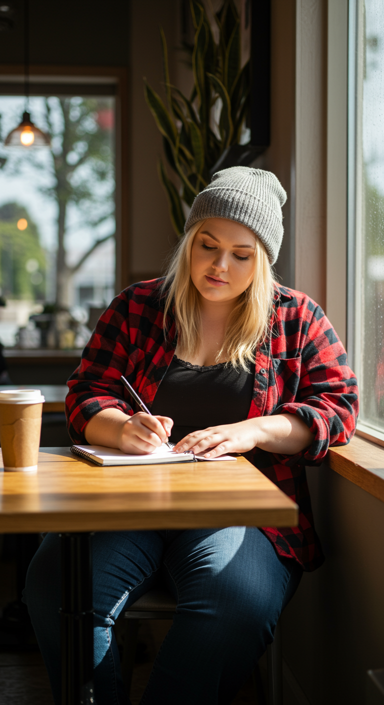 Woman in plaid flannel and beanie writing in a notebook at a coffee shop.