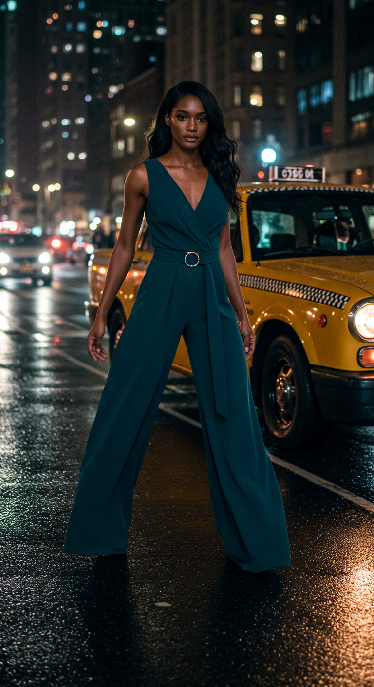 Woman in a dark teal V-neck wide-leg jumpsuit on a rainy city street.