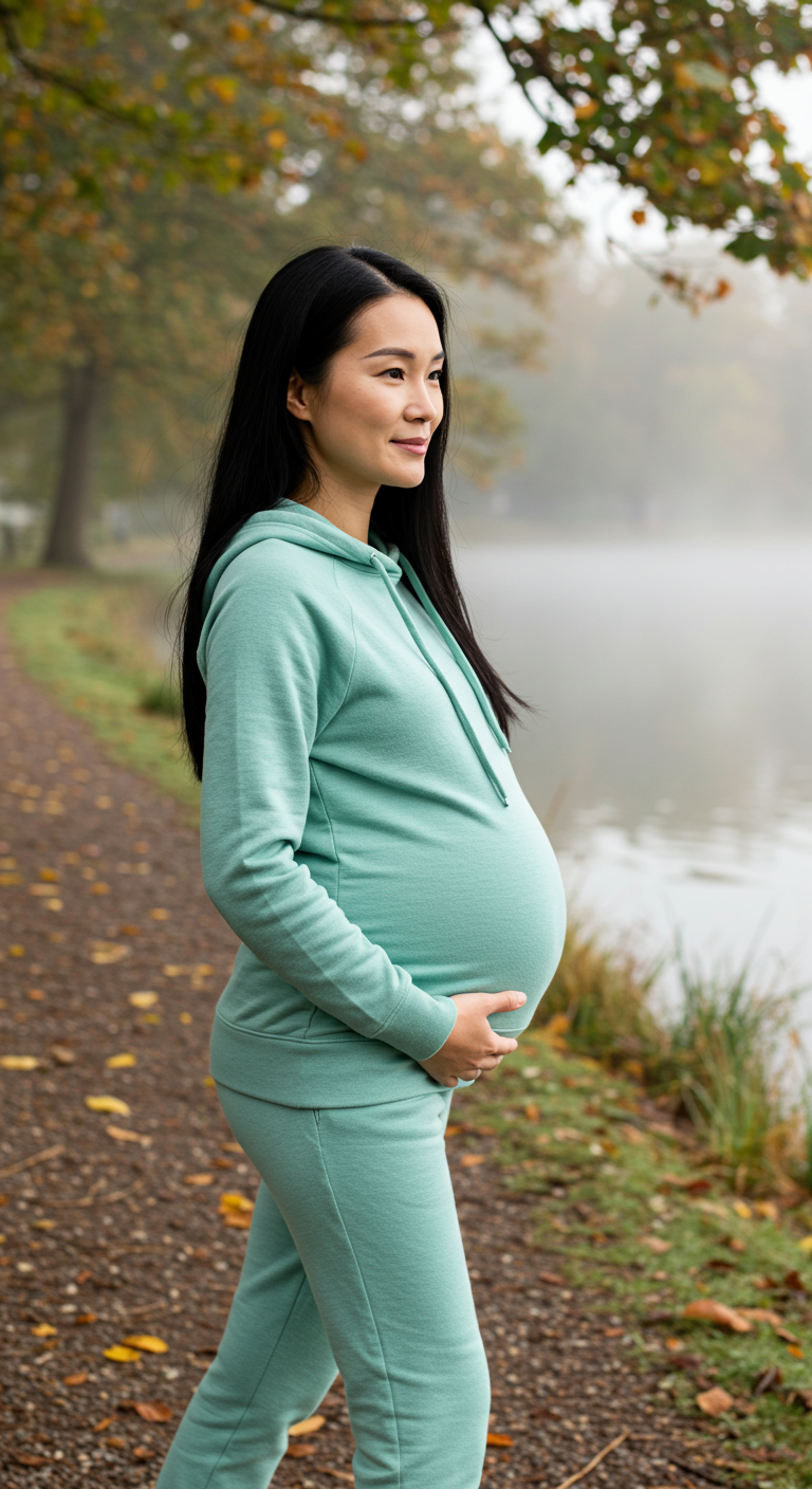 Pregnant woman in a mint green sweatsuit by a foggy lake.