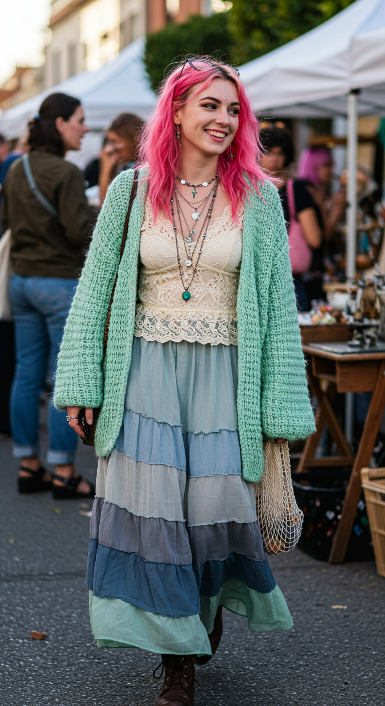 Woman in mint cardigan, lace cami, and tiered blue/green maxi skirt at market.