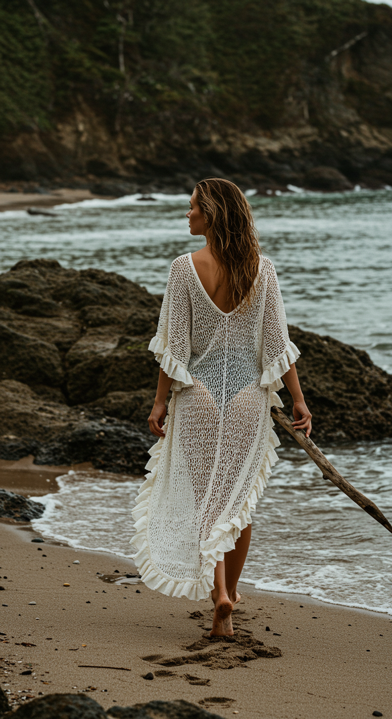 Woman walking on the beach in a sheer white crochet cover-up with ruffles.