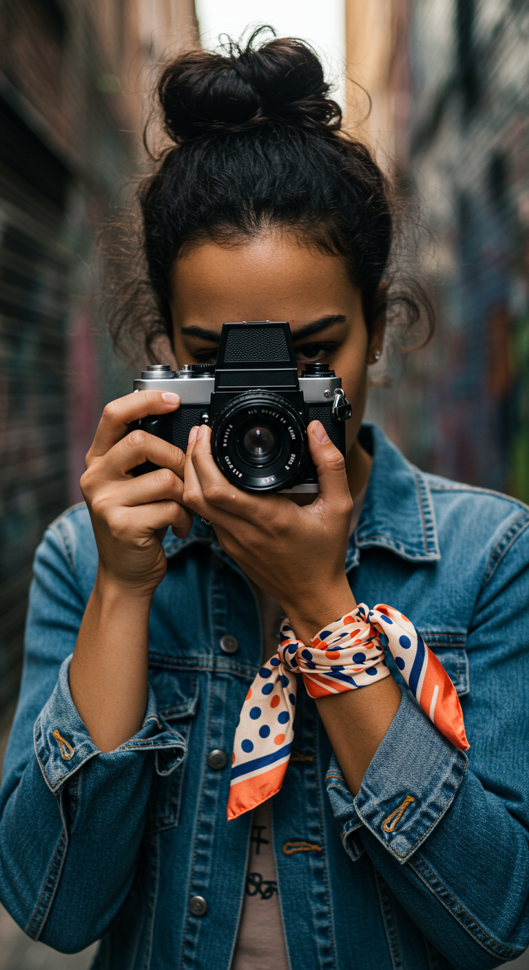 Woman holding a vintage camera, wearing a denim jacket with a scarf tied on her wrist.