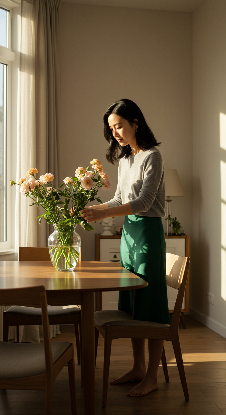 Woman in a grey sweater and green satin skirt arranging flowers.
