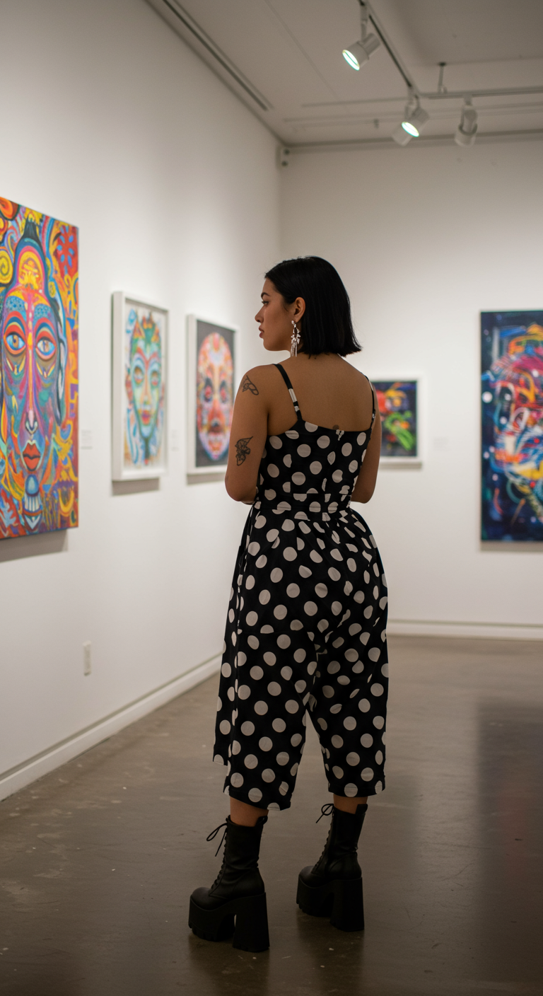 Woman in black and white polka dot jumpsuit and platform boots in an art gallery.