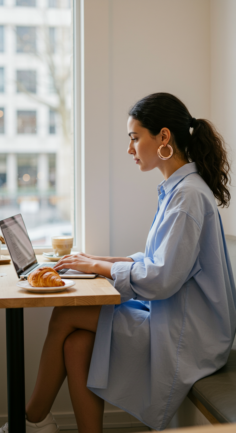 Woman in blue shirt dress and rose gold hoops working on laptop in a cafe.