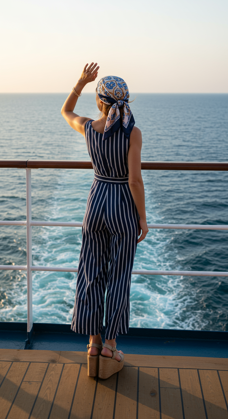 Woman in striped jumpsuit and headscarf on a cruise ship.