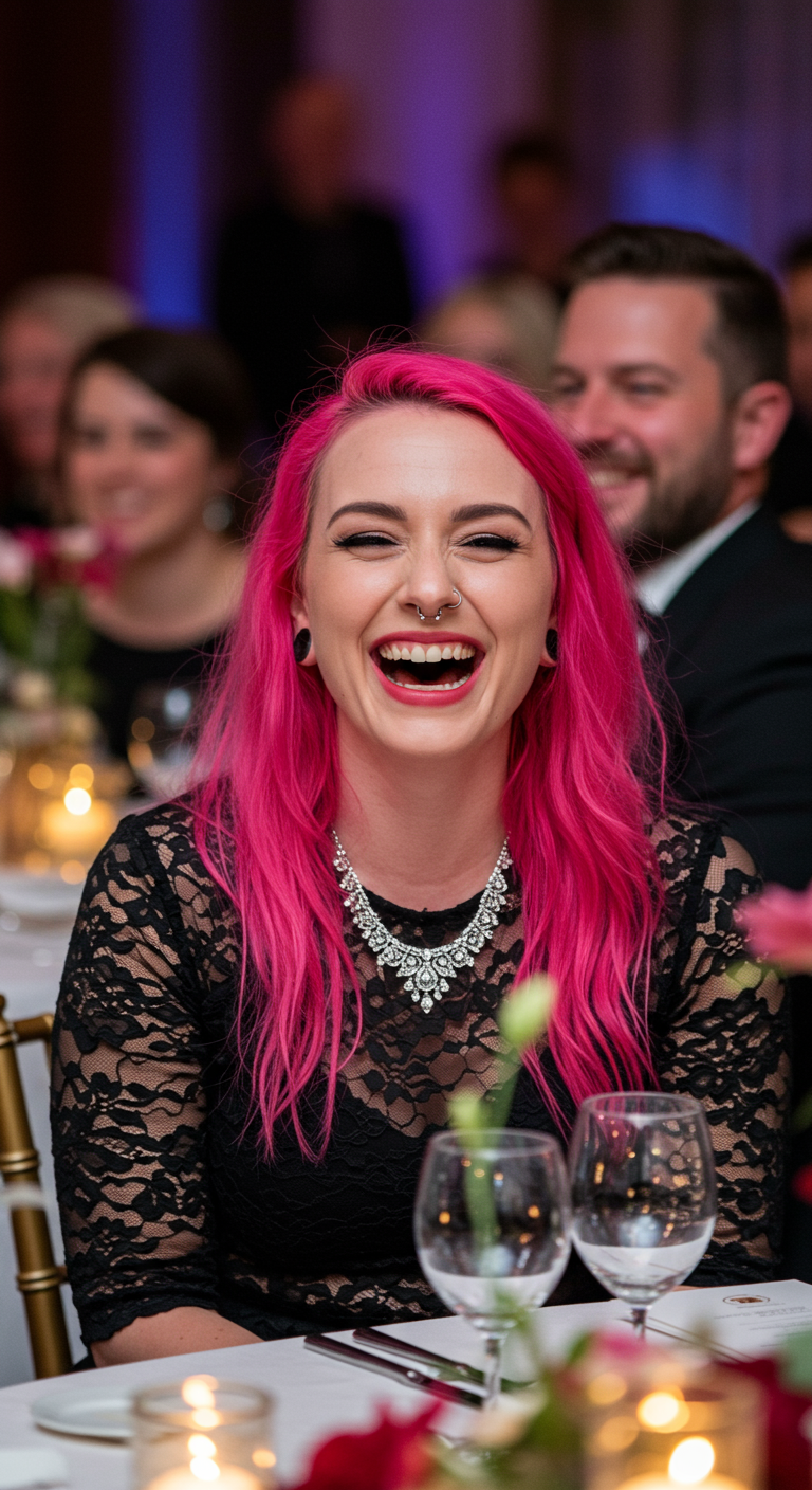 Woman with vibrant pink hair laughing in a black lace top.