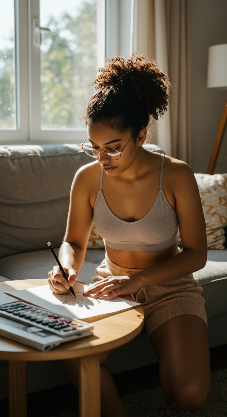 Woman working at home in a grey bralette and beige knit shorts.