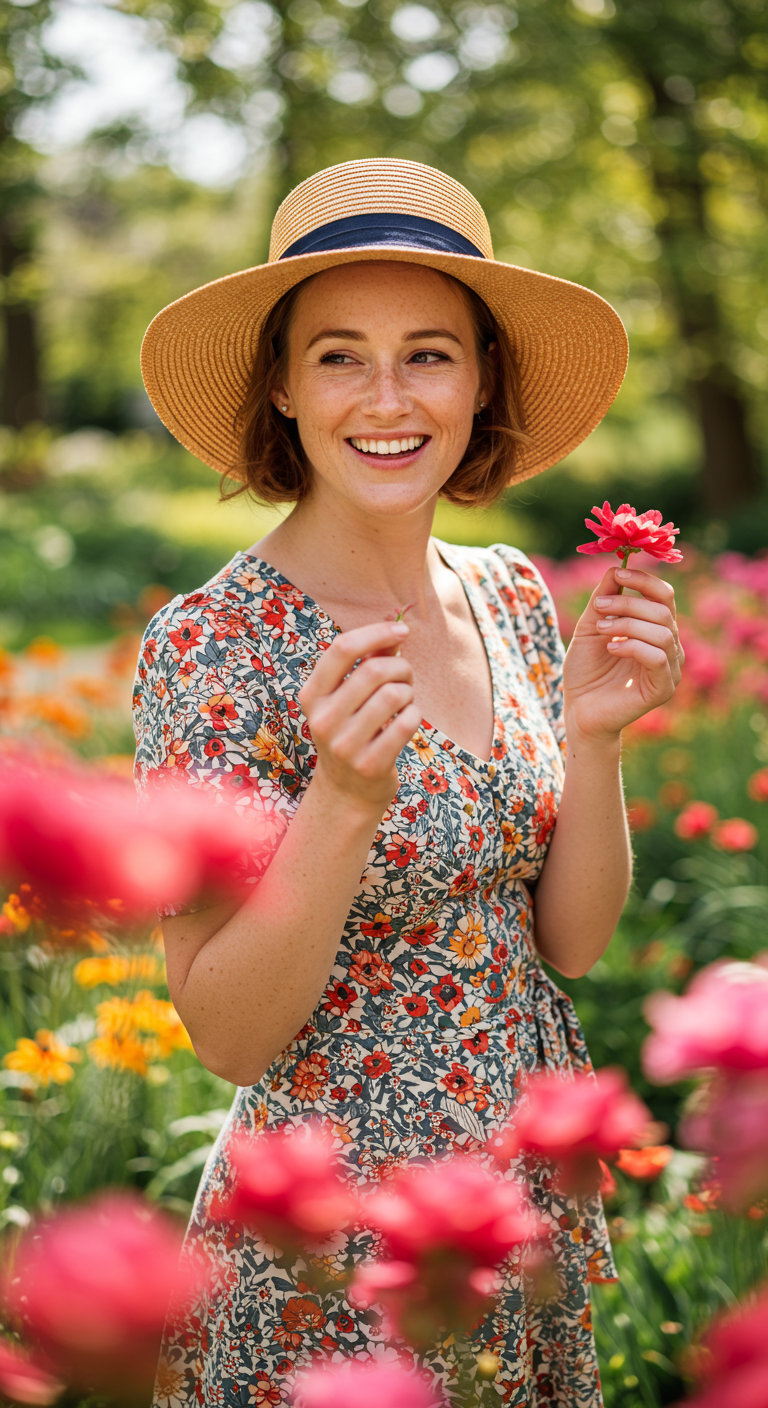 Woman in straw boater hat and floral dress in a flower garden.