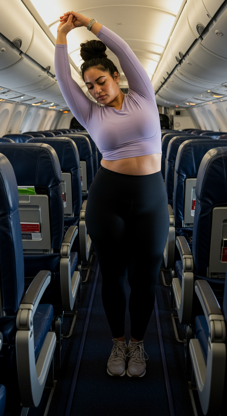Woman in a lavender crop top and black leggings stretching in an airplane aisle.
